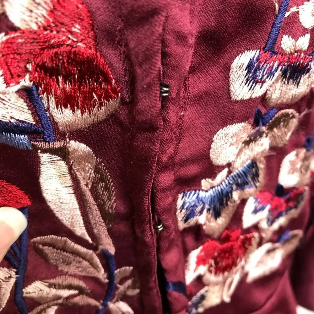 Free People maroon red embroidered floral collared hook front top size Small
